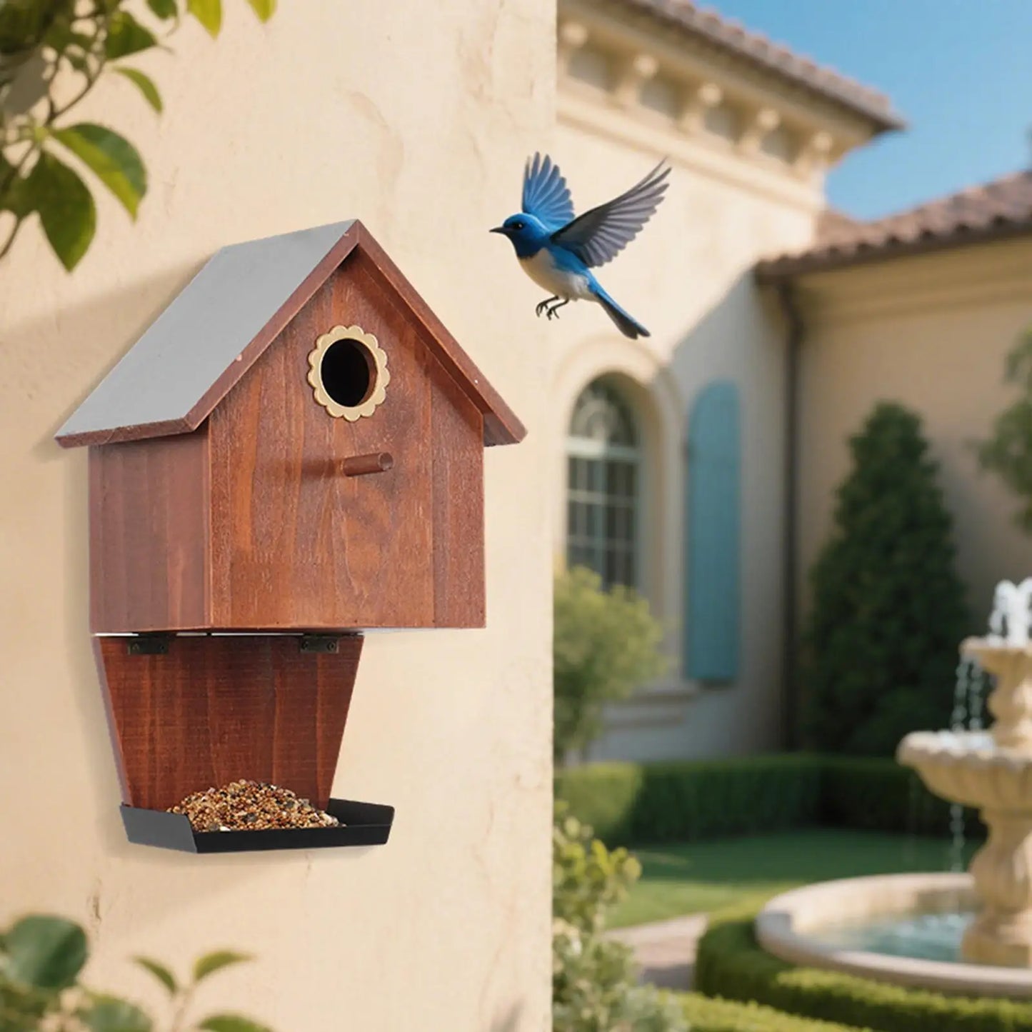 Wooden Bird House with Feeder Creative Ornament Sturdy Weatherproof Hanging for Country Farmhouse Outdoor Backyard Finches