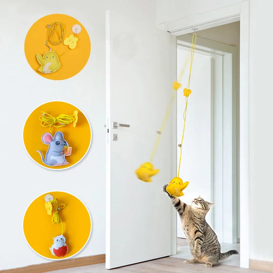 Jouet interactif pour chats suspendu avec plumes et balles en polyester