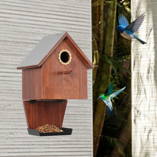 Wooden Bird House with Feeder Creative Ornament Sturdy Weatherproof Hanging for Country Farmhouse Outdoor Backyard Finches