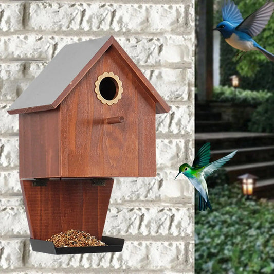 Wooden Bird House with Feeder Creative Ornament Sturdy Weatherproof Hanging for Country Farmhouse Outdoor Backyard Finches