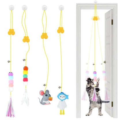 Jouet interactif pour chats suspendu avec plumes et balles en polyester