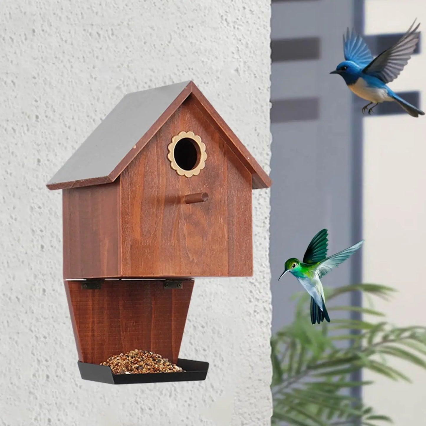 Wooden Bird House with Feeder Creative Ornament Sturdy Weatherproof Hanging for Country Farmhouse Outdoor Backyard Finches