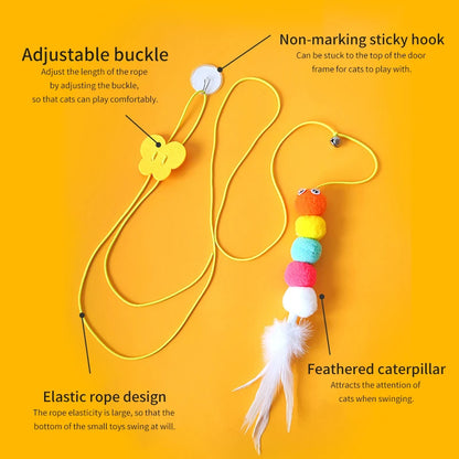 Jouet interactif pour chats suspendu avec plumes et balles en polyester